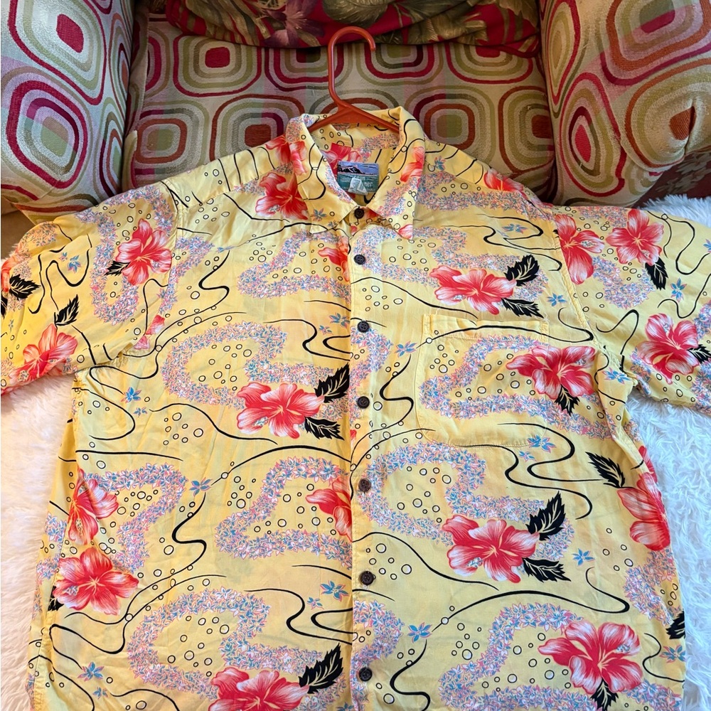 reyn spooner Yellow Floral Button-Down Shirt with Pink Hibiscus and Leis